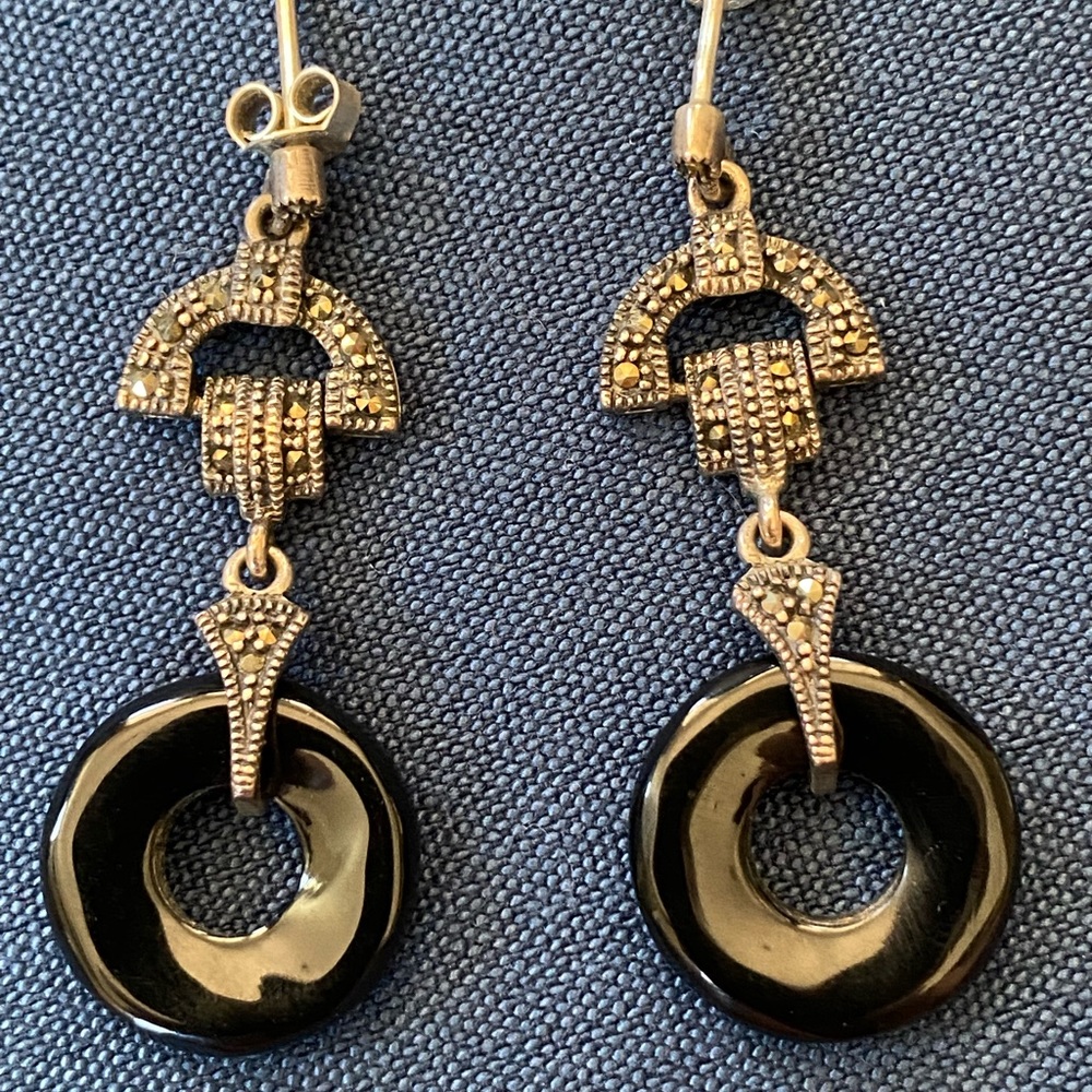 Vintage sterling silver and marcasite, Deco black drop earrings.